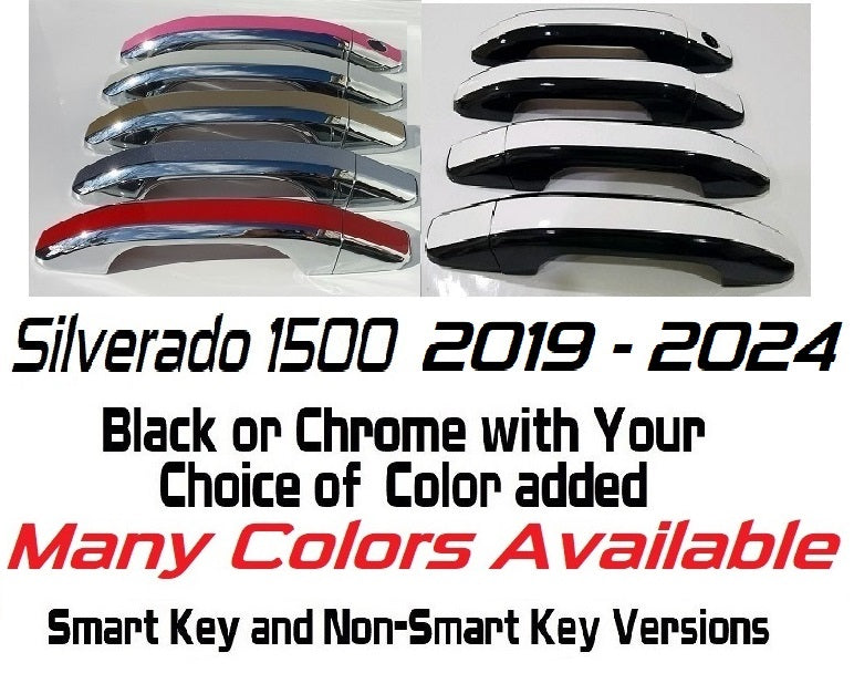 Custom car door handle covers for 2019-2024 Chevy Silverado 1500 by Dazz Custom Auto Accents, featuring a stylish black and chrome finish.