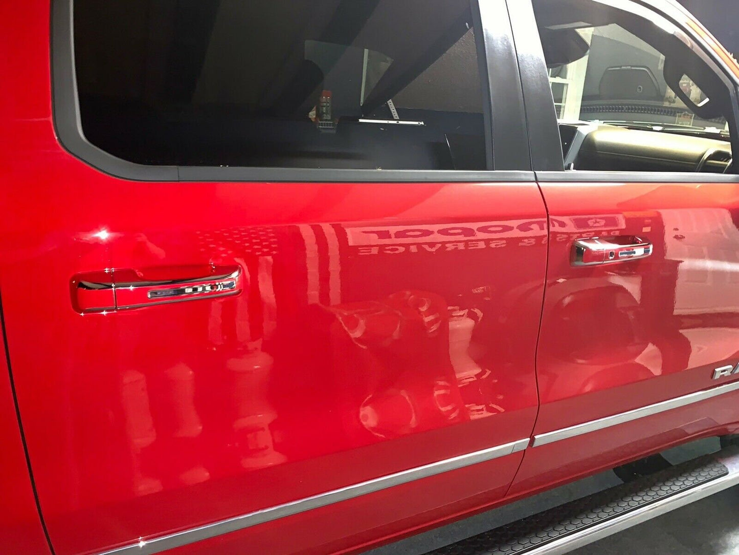 Full Set of Custom Black OR Chrome Door Handle Overlays / Covers For the 2019 - 2022 Dodge Ram 1500 -- You Choose the Middle Color Insert