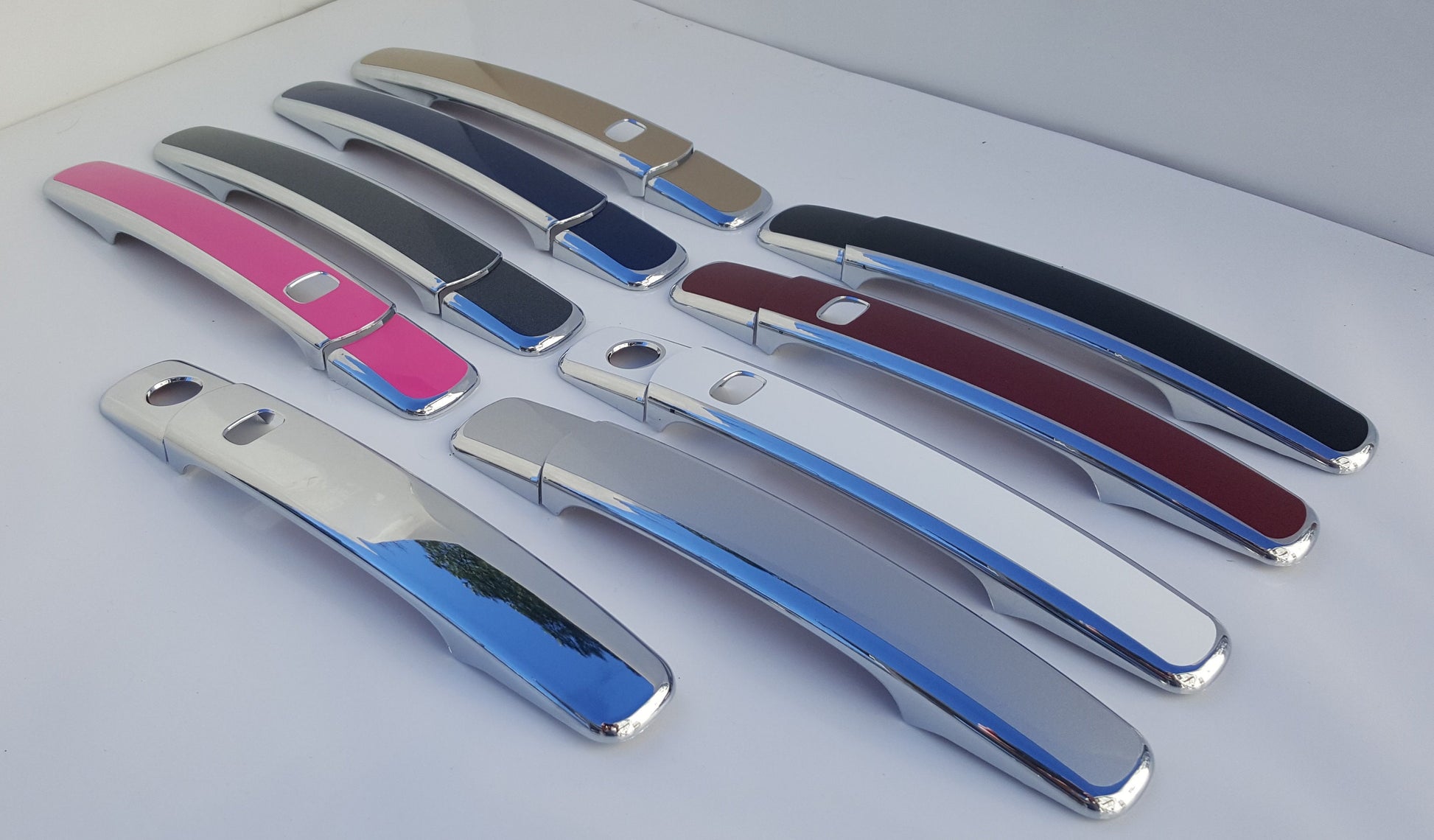 Full Set of Custom Chrome Door Handle Overlays / Covers For the 2003 - 2008 Infiniti X35 You Choose the Color of the Middle Insert