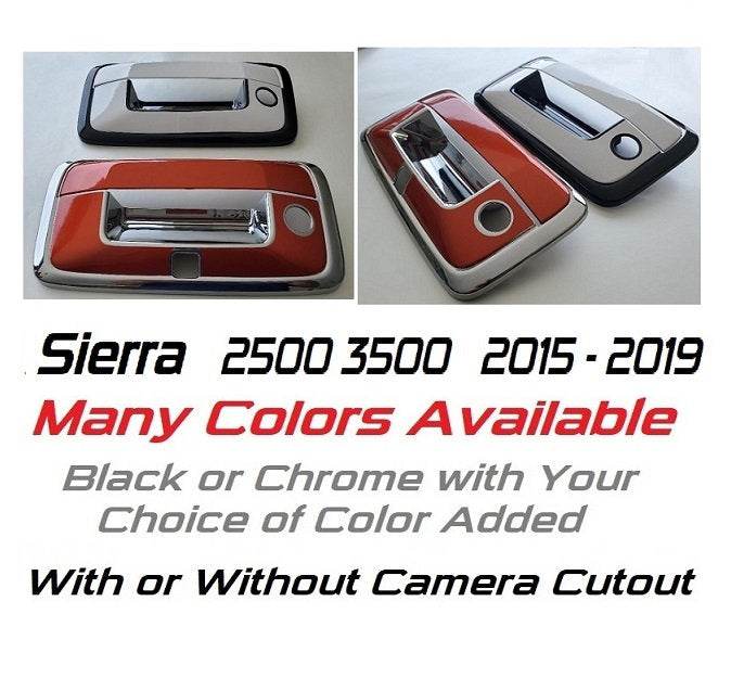 Custom Black OR Chrome Tailgate Handle Overlays / Covers For the 2015 - 2019 GMC Sierra 2500 3500  -- You Choose the Middle Color Insert