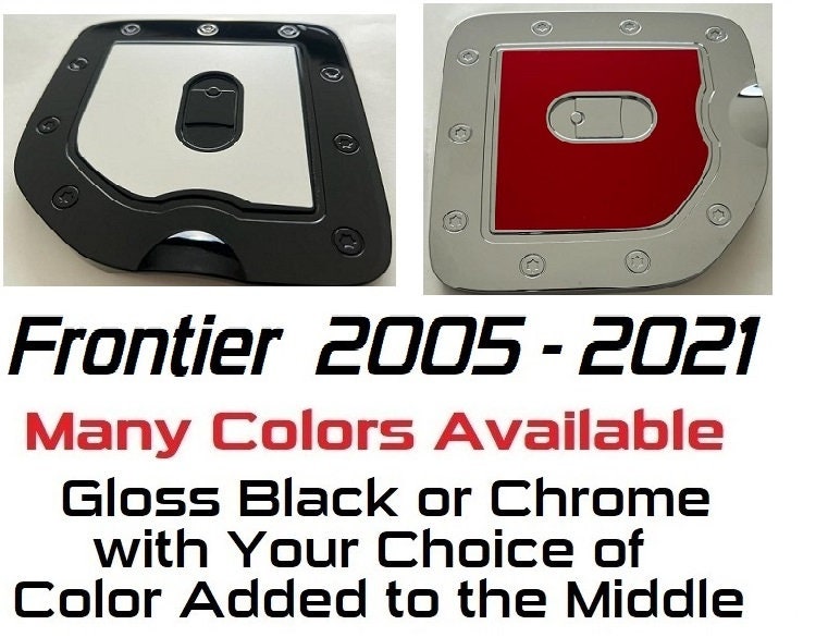 Custom Black OR Chrome Gas Door Overlays / Covers For the 2005 - 2021 Nissan Frontier -- YOU Choose Middle Insert -- * Long Bed Version *